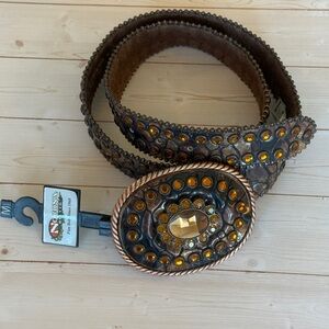 Nocona Brown Leather Belt with Bling and Brass Color Accents. Size M